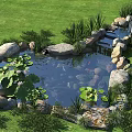 Garden Ornament Featuring Small Pond With Water Lilies Koi Fish And Stones
