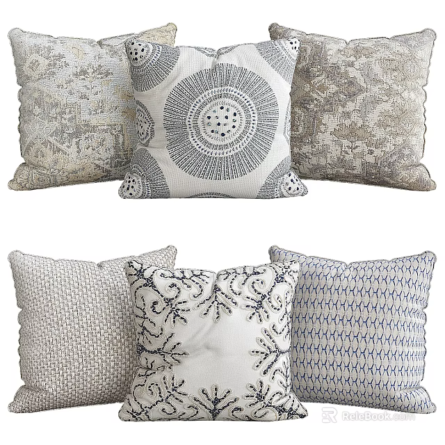 Decorative Throw Pillows With Geometric Circular And Embroidered Patterns In Gray White Blue 3d model
