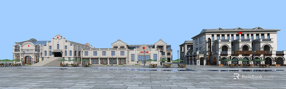 Traditional Commercial Street With Classical Architecture Buildings Paved Plaza Outdoor Seating And Lamp Posts 3d model 