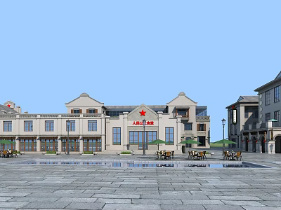 Traditional Commercial Street With Classical Architecture Buildings Paved Plaza Outdoor Seating And Lamp Posts 3d model