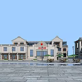 Traditional Commercial Street With Classical Architecture Buildings Paved Plaza Outdoor Seating And Lamp Posts