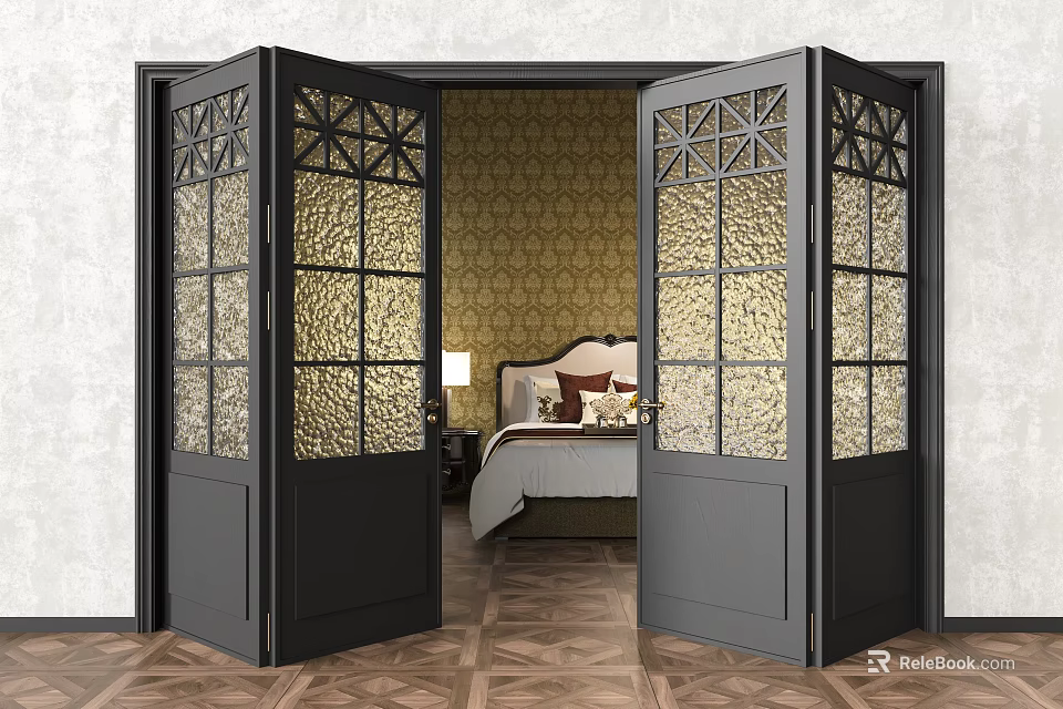 Black Folding Doors With Geometric Glass Panels Revealing Bedroom With Patterned Wallpaper And Wooden Floor 3d model 