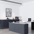 Modern Office Desk Setup With Laptop Documents Table Lamp Decorative Painting And Potted Plant