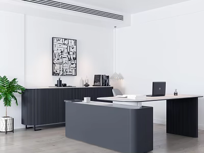 Modern Office Desk Setup With Laptop Documents Table Lamp Decorative Painting And Potted Plant 3d model