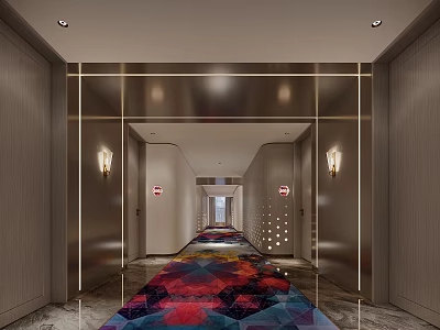 Hotel Corridor Interior Design With Colorful Geometric Carpet And Modern Wall Sconce Lighting 3d model