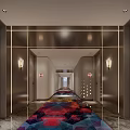 Hotel Corridor Interior Design With Colorful Geometric Carpet And Modern Wall Sconce Lighting
