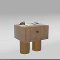 Wooden Bedside Table With Drawer Yellow Legs Camera And Open Magazine