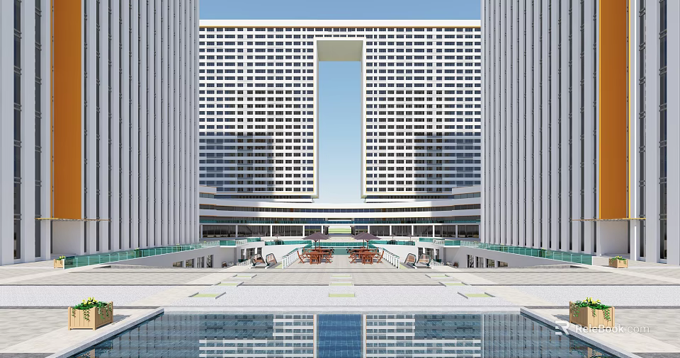 Modern High Rise Office Building With Glass Facade And Reflection Pool 3d model