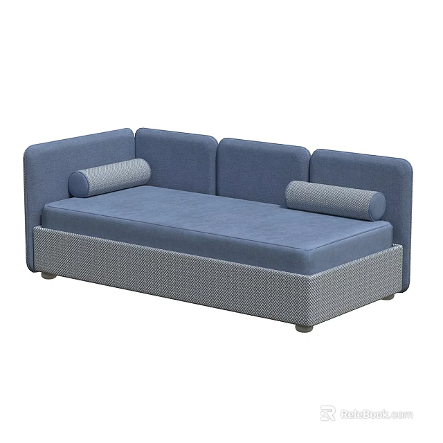 Blue Two Seater Sofa With Gray Woven Base And Cylindrical Pillows 3d model