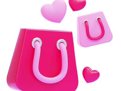 Pink Shopping Bags Design With Floating Heart Shapes And Decorative Elements 3d model
