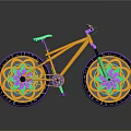Colorful Decorative Bicycle With Orange Frame Green Seat And Floral Patterned Purple Wheels