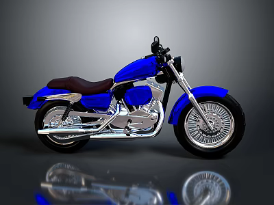 Blue Cruiser Motorcycle With Brown Seat Silver Exhaust Pipes And Silver Wheels 3d model