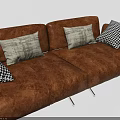 Modern Brown Leather Two-Seater Sofa with Patterned Pillows and Metal Legs 3d model