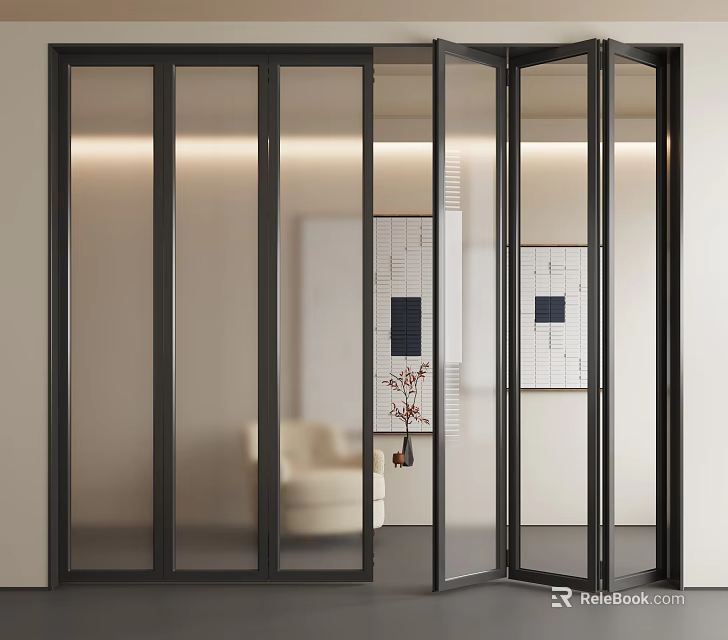 Modern Black Frame Glass Folding Doors Open In Modern Living Room Interior Space 3d model 