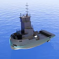 Modern Seagoing Vessel With Tower Floating On Blue Ocean Under Cloudy Sky