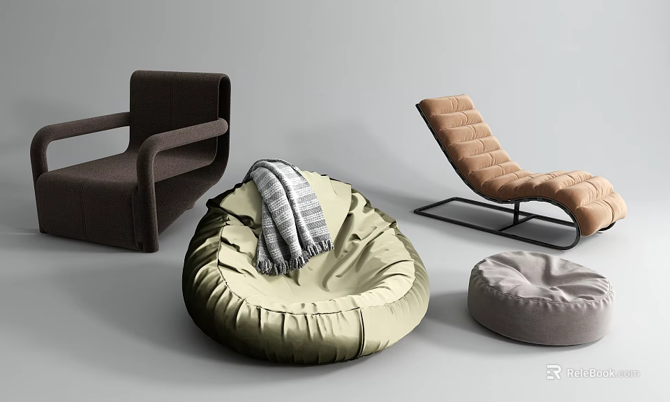 Stylish Single Sofa Collection With Armchair Bean Bag Chaise Lounge And Blanket 3d model 
