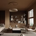 Cozy Living Room Interior With Beige Sofa Bookshelf Chandelier And Large Windows