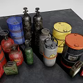 Industrial Equipment Featuring Steel Drums Gas Cylinders and Jerry Cans with Warning Labels