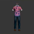 Men's Casual Outfit Pink Floral Shirt Blue Jeans Brown Shoes Red Sunglasses