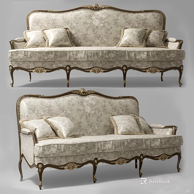 Elegant Classical Sofa with Carved Frame Patterned Fabric Plush Cushions and Decorative Legs 3d model 