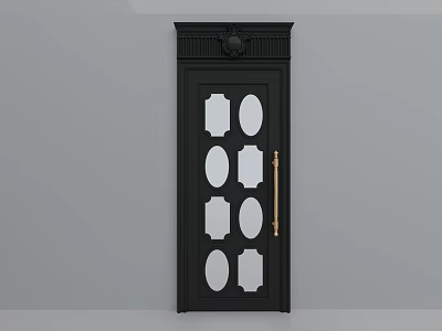 Elegant Black Swing Door With Decorative Top Glass Panels And Gold Handle Design 3d model
