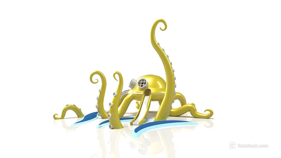 Yellow Octopus Shaped Playground Equipment With Curved Tentacles And Blue Wave Details For Kids 3d model 