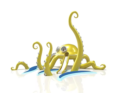 Yellow Octopus Shaped Playground Equipment With Curved Tentacles And Blue Wave Details For Kids 3d model