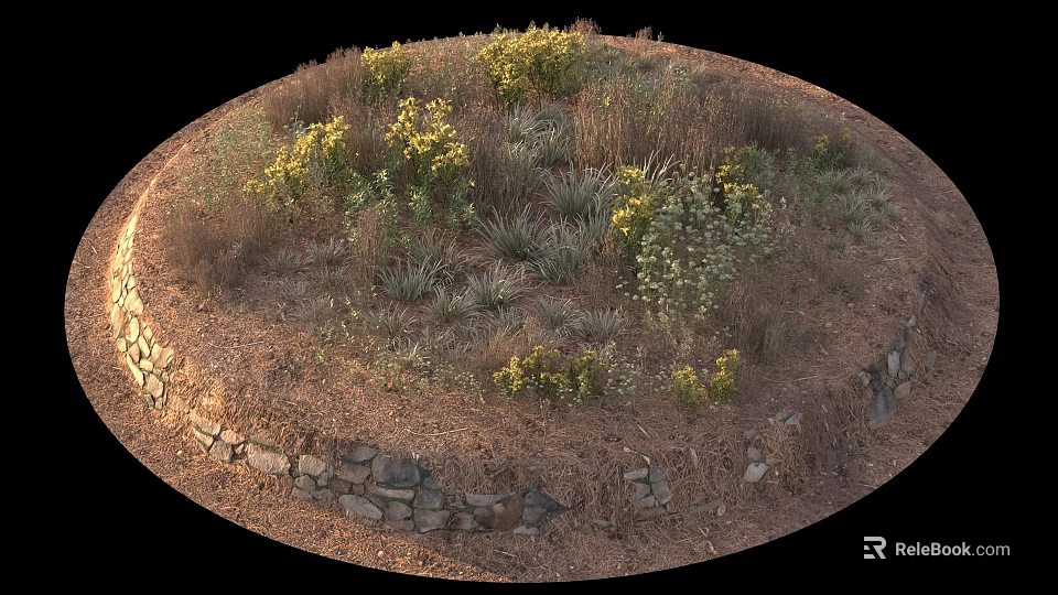 Circular Garden Bed Design With Stone Wall And Mixed Yellow Flowers Green Grasses 3d model 
