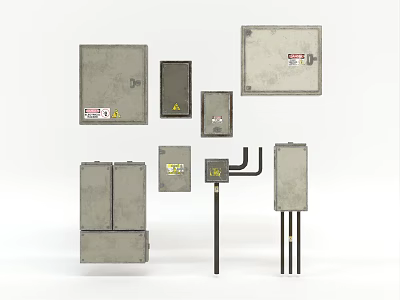 Industrial Electrical Equipment Enclosures And Control Boxes Featuring Lockable Doors Warning Labels Various Sizes 3d model