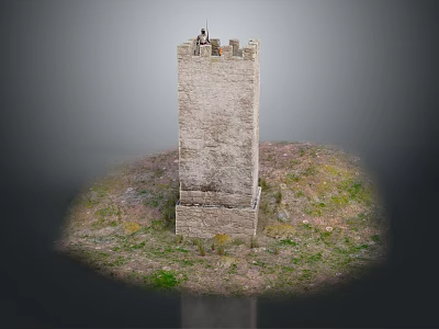 Ancient Stone Tower On Grass Covered Hillside With Figure Standing Top And Weathered Walls 3d model