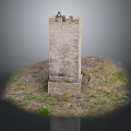 Ancient Stone Tower On Grass Covered Hillside With Figure Standing Top And Weathered Walls