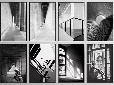 Black and White Architectural Spaces Featuring Corridors Stairs Windows And Light Shadows 3d model