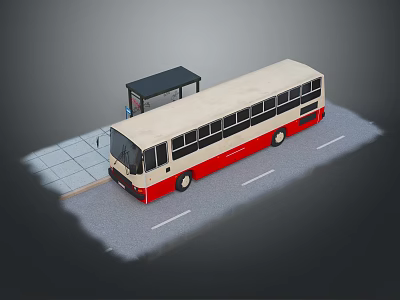 Red And White Bus At Urban Bus Stop With Shelter And Platform 3d model