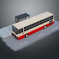 Red And White Bus At Urban Bus Stop With Shelter And Platform