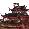 Ancient Architecture Themed Boat With Multi tiered Structure Red Decorations And Curved Eaves 3d model