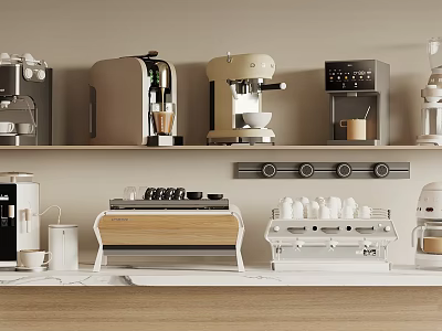 Modern Kitchen Appliances Display On Shelves And Countertops With Various Coffee Machines 3d model