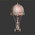 Vintage Red And White Hot Air Balloon Model With Decorative Netting And Basket On Wheels