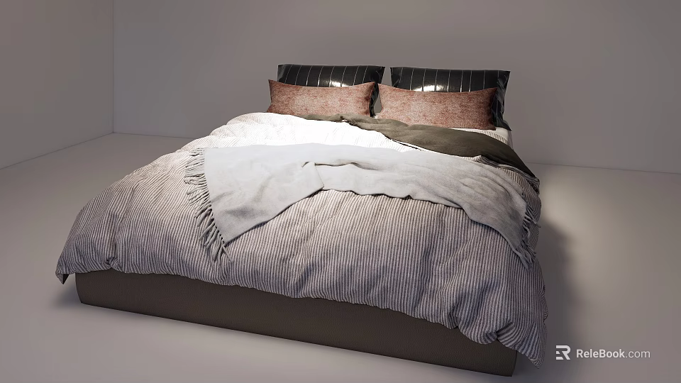 Minimalist Double Bed With Striped Bedspread And Soft Pillows In Modern Bedroom 3d model 