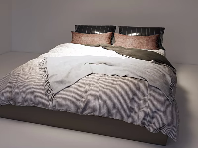 Minimalist Double Bed With Striped Bedspread And Soft Pillows In Modern Bedroom 3d model