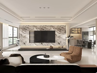 Modern Living Room Interior With Marble TV Backdrop Sofa Armchair Coffee Table 3d model