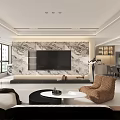 Modern Living Room Interior With Marble TV Backdrop Sofa Armchair Coffee Table