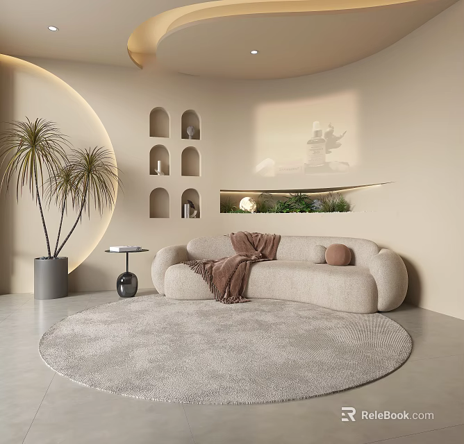 Three Seater Sofa With Light Colored Rounded Design Throw Blanket Curved Wall And Round Rug 3d model 