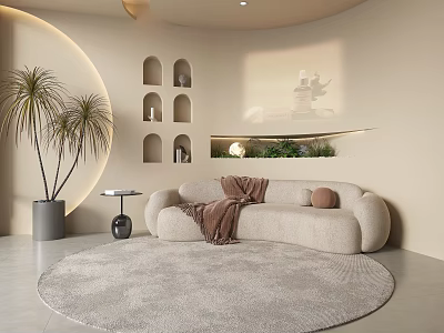 Three Seater Sofa With Light Colored Rounded Design Throw Blanket Curved Wall And Round Rug 3d model