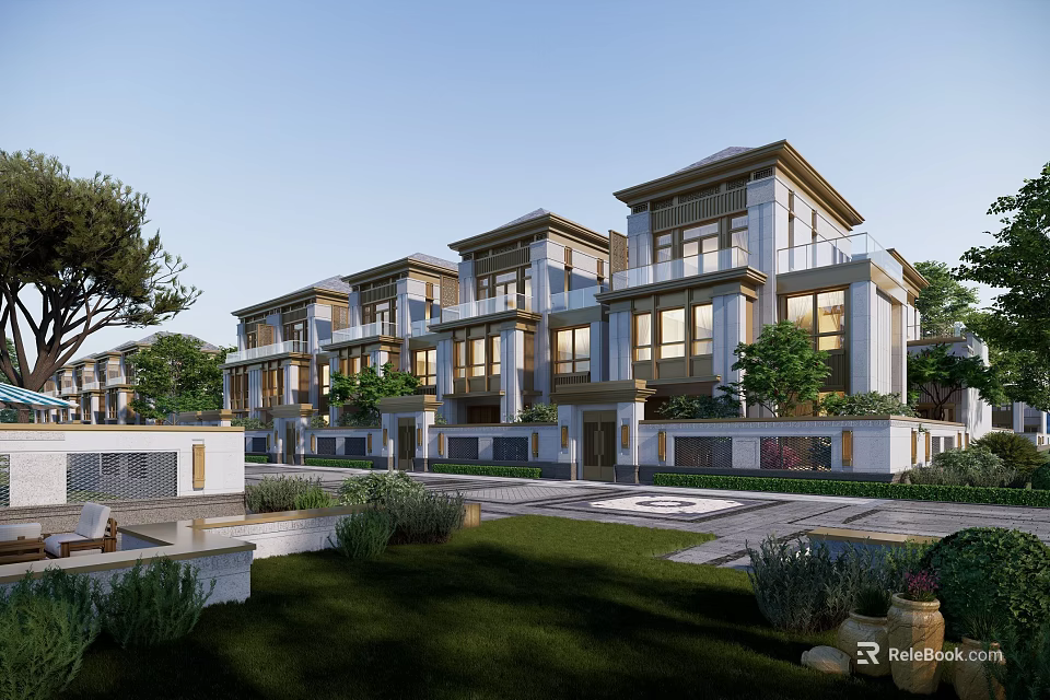 Modern Townhouse Exterior Design Featuring Courtyard Greenery And Spacious Outdoor Areas 3d model 