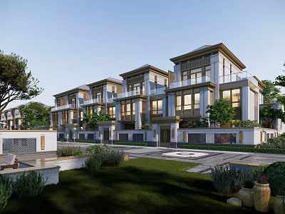 Modern Townhouse Exterior Design Featuring Courtyard Greenery And Spacious Outdoor Areas 3d model