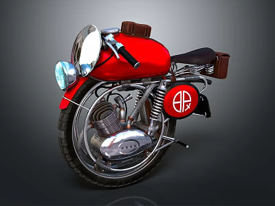 Vintage Red Motorcycle With Round Headlight Black Seat And Brown Leather Side Bags 3d model