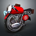 Vintage Red Motorcycle With Round Headlight Black Seat And Brown Leather Side Bags