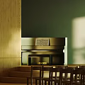 School Classroom Interior With Rows of Wooden Chairs Green Blackboard and Wooden Decorated Walls