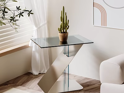 Modern Glass Top Side Table With Metal Frame And Cactus Near Window White Curtains Sofa 3d model