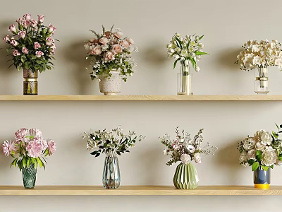 Colorful Flower Vases With Blooms On Two Rows Wooden Shelves Decorative Arrangement 3d model